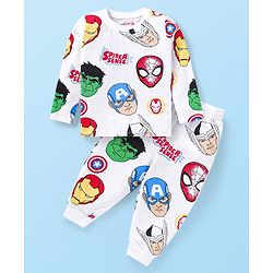 Babyhug Marvel Single Jersey Knit Full Sleeves Night Suit With Avengers Graphics - White