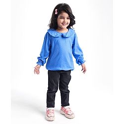 Babyhug Rayon Woven Full Sleeves Polka Dot Printed Top With Peter Pan Collar - Blue
