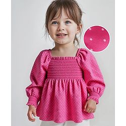 Babyhug Rayon Woven Full Sleeves Top with Polka Dot Print & Smocked Detailing - Dark Pink