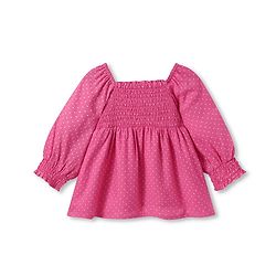Babyhug Rayon Woven Full Sleeves Top with Polka Dot Print & Smocked Detailing - Dark Pink
