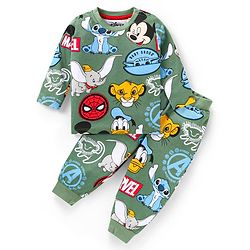 Babyhug Disney Single Jersey Knit Full Sleeves Night Suit With Disney Characters Print - Green