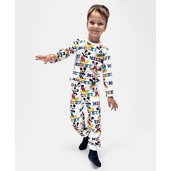Babyhug Disney Cotton Knit  Full Sleeves Night Suit With Mickey Mouse Print - White