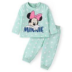 Babyhug Disney Cotton Knit Full Sleeves Night Suit With Minnie Mouse Graphics - Sea Green