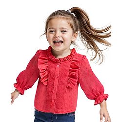 Babyhug Woven Full Peasant Sleeves Swiss dobby Top With Frill  - Red