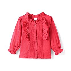 Babyhug Woven Full Peasant Sleeves Swiss dobby Top With Frill  - Red