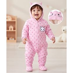 Babyhug Winter Polyfill Hooded Romper with Booties Kitten & Polka Dots Print - Pink