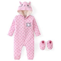 Babyhug Winter Polyfill Hooded Romper with Booties Kitten & Polka Dots Print - Pink