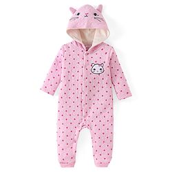 Babyhug Winter Polyfill Hooded Romper with Booties Kitten & Polka Dots Print - Pink