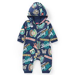 Babyhug 100% Cotton Interlock Knit Full Sleeves Hooded Romper with Text Print - Navy