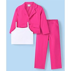 Babyhug Woven Full Sleeves Solid Colour Blazer with Top & Bottom Wear Set - Dark Pink