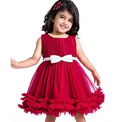 Babyhug Woven Sleeveless Mesh Party Frock with Sequined Bow Applique with Frill Detailing - Red