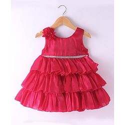 Babyhug Woven Sleeveless Layered Party Dress with Floral & Rhinestones Waist Belt Applique - Red