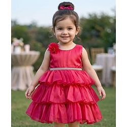 Babyhug Woven Sleeveless Layered Party Dress with Floral & Rhinestones Waist Belt Applique - Red