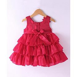 Babyhug Woven Sleeveless Layered Party Dress with Floral & Rhinestones Waist Belt Applique - Red