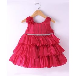 Babyhug Woven Sleeveless Layered Party Dress with Floral & Rhinestones Waist Belt Applique - Red