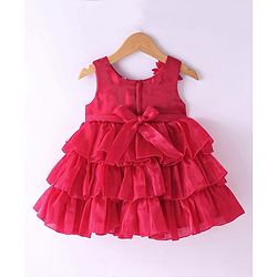 Babyhug Woven Sleeveless Layered Party Dress with Floral & Rhinestones Waist Belt Applique - Red