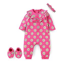 Babyhug 100% Cotton Knit Full Sleeves Frill Detailed Romper with Headband & Booties Floral Print- Dark Pink
