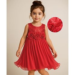 Babyhug Woven Sleeveless Party Dress With Floral Applique & Sequinned Yoke - Red