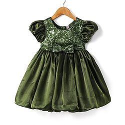 Babyhug Woven Half Sleeves Party Dress With Sequinned Yoke & Bow Applique - Dark Green