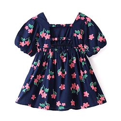 Babyhug Viscose Woven Half Sleeves Frock with Floral Print - Navy Blue