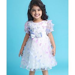 Babyhug Puffed Sleeves Fit And Flare Party Wear  Frock  With Butterfly & Bow Applique - White &  Lavender