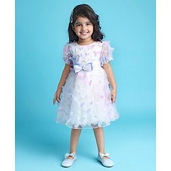 Babyhug Puffed Sleeves Fit And Flare Party Wear  Frock  With Butterfly & Bow Applique - White &  Lavender