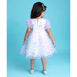 Babyhug Puffed Sleeves Fit And Flare Party Wear  Frock  With Butterfly & Bow Applique - White &  Lavender
