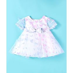Babyhug Puffed Sleeves Fit And Flare Party Wear  Frock  With Butterfly & Bow Applique - White &  Lavender