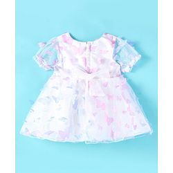 Babyhug Puffed Sleeves Fit And Flare Party Wear  Frock  With Butterfly & Bow Applique - White &  Lavender