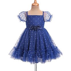 Babyhug Woven Half Puffed Sleeves Polka Dots Glitter  Printed Mesh Party Frock  with Floral Applique - Blue