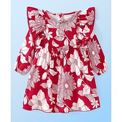 Babyhug Viscose Woven Full Sleeves Frock with Floral Print Frill Detailing & Bow Applique - Maroon