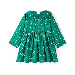 Babyhug Viscose Woven Full Sleeves Polka Dots Printed Tiered Frock with Peter Pan Collar - Teal Blue
