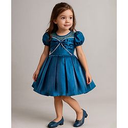 Babyhug Woven Sleeveless Party Dress With Bow Applique & Sequin Detailing - Teal blue