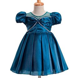 Babyhug Woven Sleeveless Party Dress With Bow Applique & Sequin Detailing - Teal blue