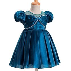 Babyhug Woven Sleeveless Party Dress With Bow Applique & Sequin Detailing - Teal blue