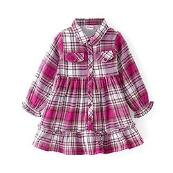 Babyhug Woven Full Peasant Sleeves Checkered Frock with Collar & Pocket Detailing - Pink