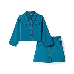 Babyhug Woven Full Sleeves Solid Colour Party Collared Top & Skirt Set with Pockets - Teal Blue