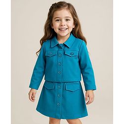 Babyhug Woven Full Sleeves Solid Colour Party Collared Top & Skirt Set with Pockets - Teal Blue