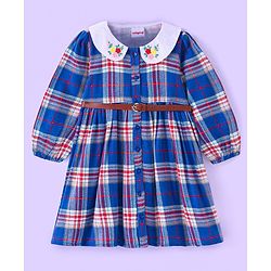 Babyhug Cotton Woven Full Sleeves Peter Pan Collared Checkered Frock With Floral Embroidery & Belt - Blue