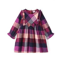 Babyhug Cotton Woven Full Sleeves Checkered Frock With Frill & Bow Detailing - Wine