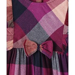 Babyhug Cotton Woven Full Sleeves Checkered Frock With Frill & Bow Detailing - Wine