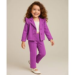 Babyhug Knit Full Sleeves Solid Colour Frill Detailed Blazer with Top & Trouser Set - Purple