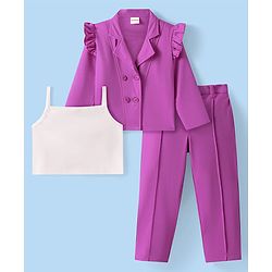 Babyhug Knit Full Sleeves Solid Colour Frill Detailed Blazer with Top & Trouser Set - Purple
