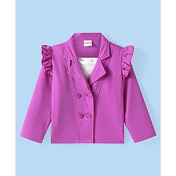 Babyhug Knit Full Sleeves Solid Colour Frill Detailed Blazer with Top & Trouser Set - Purple