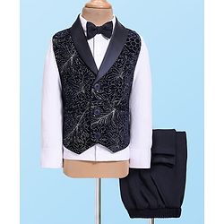 Babyhug Woven Full Sleeves Floral Embroidered Textured 3 Piece Party Suit with Bow - Navy Blue