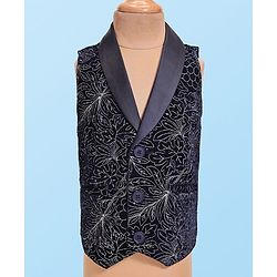 Babyhug Woven Full Sleeves Floral Embroidered Textured 3 Piece Party Suit with Bow - Navy Blue