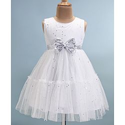 Babyhug Woven Sleeveless Foil Printed Fit & Flared Party Frock with Bow Applique - White