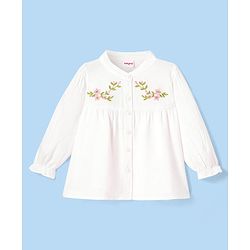 Babyhug Rayon Woven Full Sleeves Mandarin Collared Top with Floral Embroidery - White