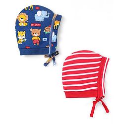 Babyhug 100% Cotton Knit Caps With Stripes & Animal Print Pack Of 2 - Red & Navy