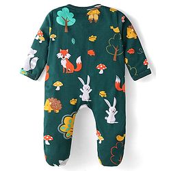 Babyhug Cotton Knit Full Sleeves Footed Sleepsuit with Animal Print - Dark Green